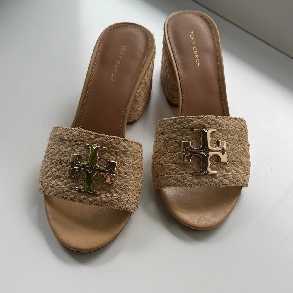 Tory Burch Everly Natural Raffia Slide Mules with Gold Logo